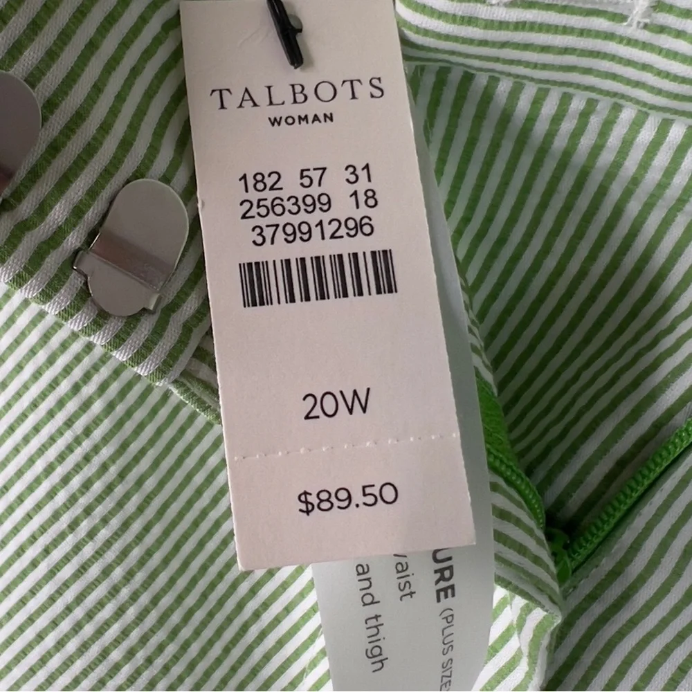 Talbots Size 20W Green/White Striped Cropped Pants Faux Back Pockets Belt Loops - Picture 13 of 14